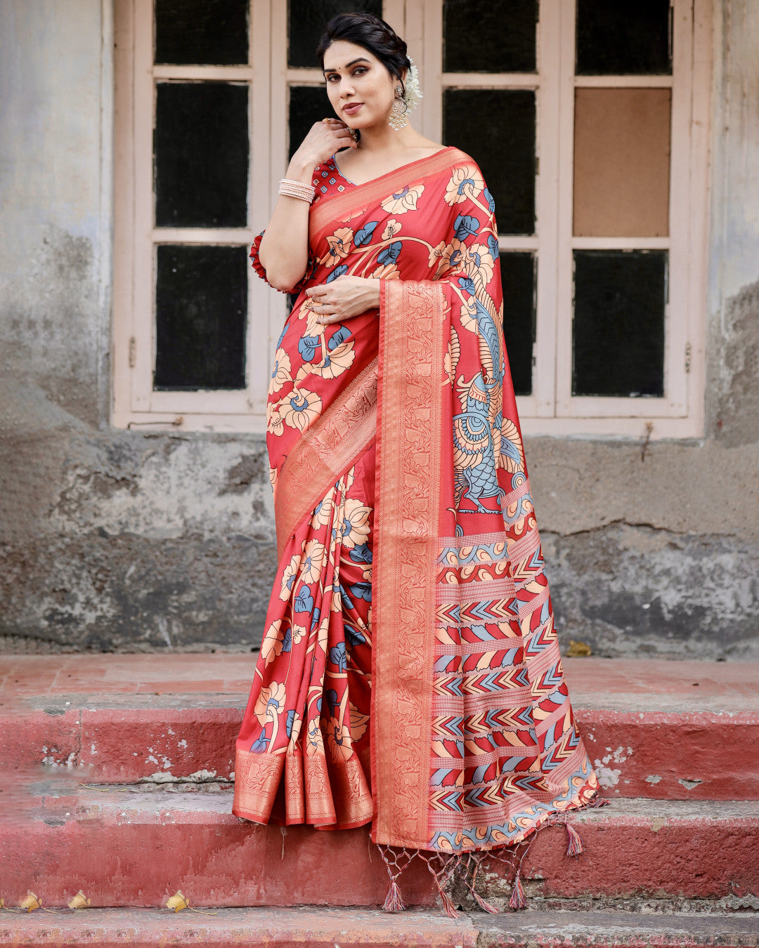 Red Digital Kalamkari Printed Tussar Silk Saree With Zari Motif Border