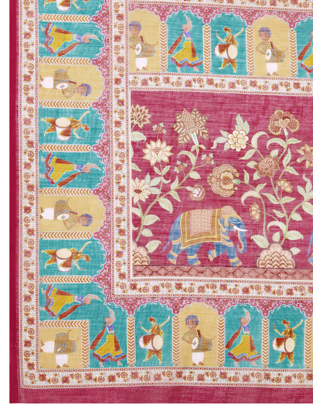 Off White Linen Cotton Saree With Digital Printed Work And Silver Zari Border