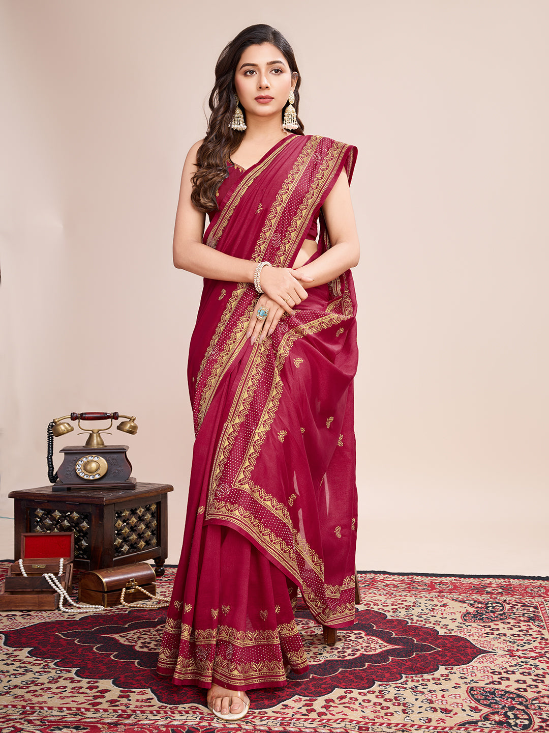 Fancy Rani Pink Soft Vichitra Silk Saree With Embroidery Work