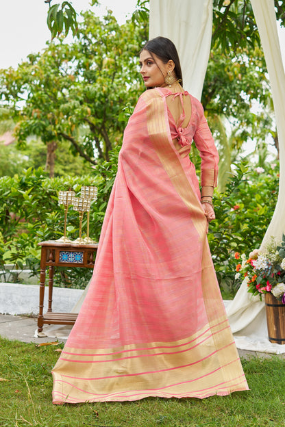 Peach Colour Linen Cotton Saree With Zari Weaving Border