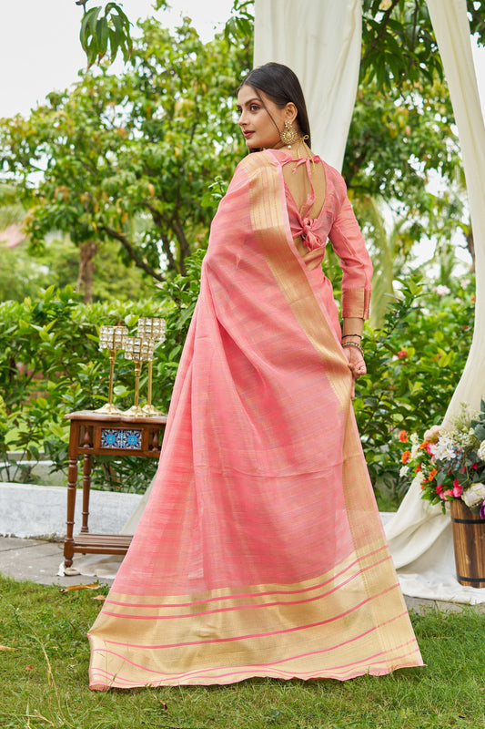Peach Colour Linen Cotton Saree With Zari Weaving Border