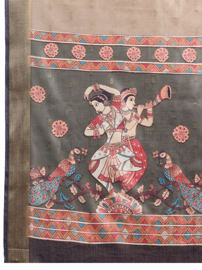 Beige Soft Cotton Saree With Kalamkari Digital Printed Pallu & Zari Border