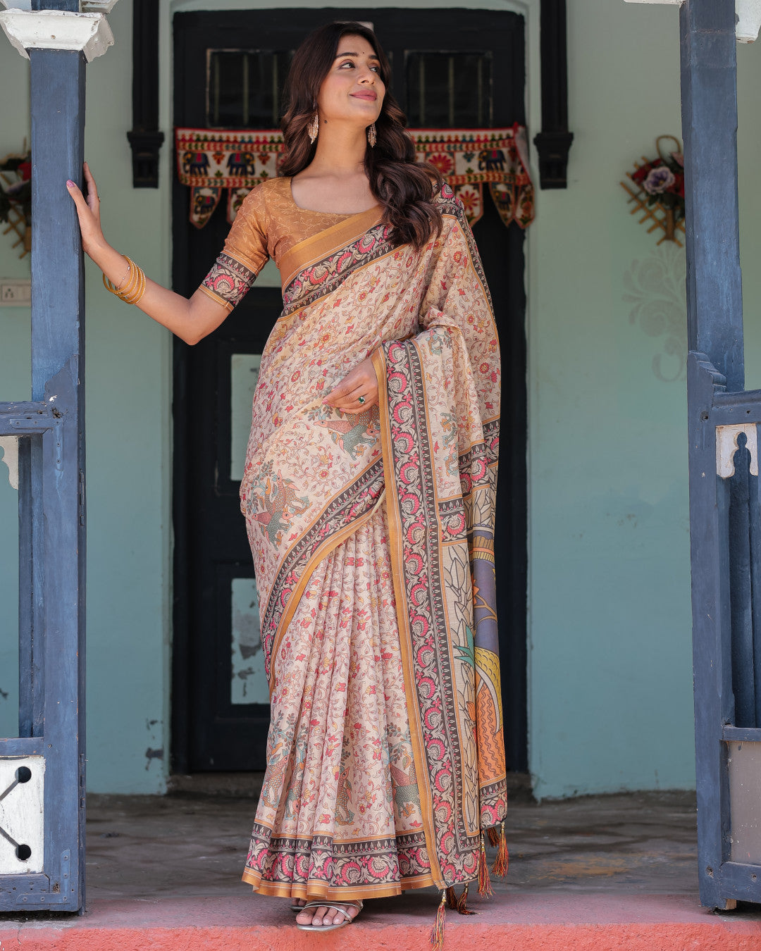 Kalamkari Digital Printed Linen Cotton Saree