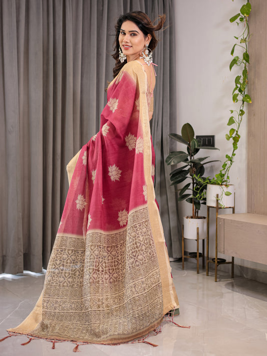 Multi Kalamkari Digital Printed Linen Cotton Saree