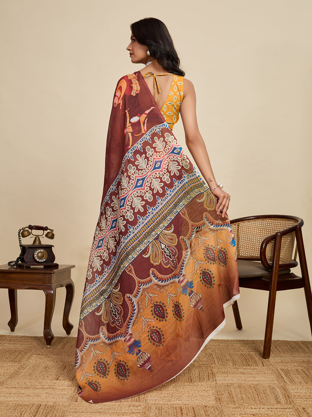 Maroon Linen Cotton Saree With Digital Printed Work And Silver Zari Border