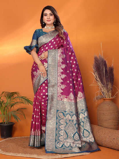 Wine Traditional Banarasi Silk Saree With Zari Weaving Work