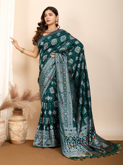 Green Traditional Muslin Dola Silk Saree With Meenakari Zari Weaving Work