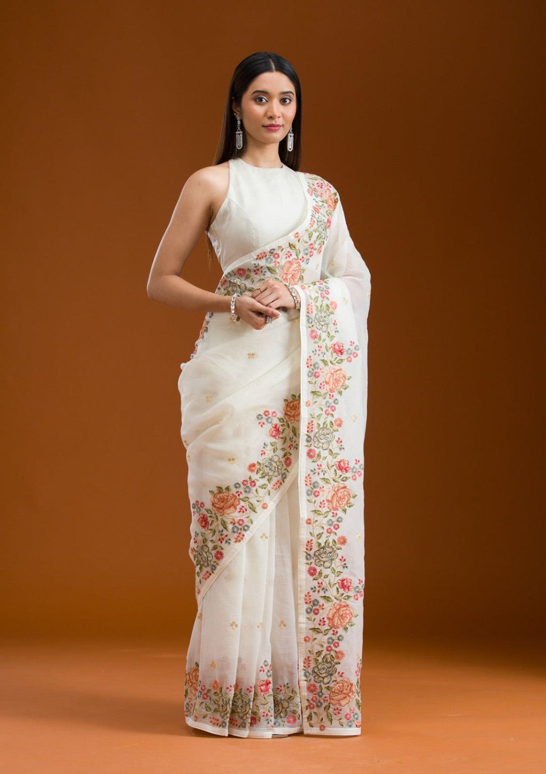White Fancy Crunchy Silk Saree With Multi Thread Work And Piping Lace Border