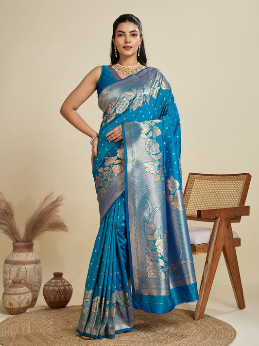 Blue Kanjivaram Silk Saree With Zari Weaving Border & Designer Rich Pallu