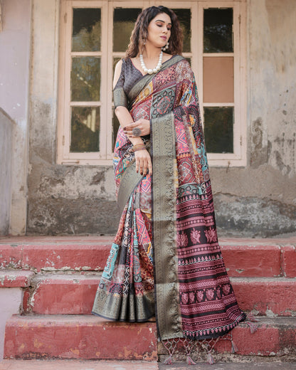 Multi Digital Kalamkari Printed Tussar Silk Saree With Zari Motif Border