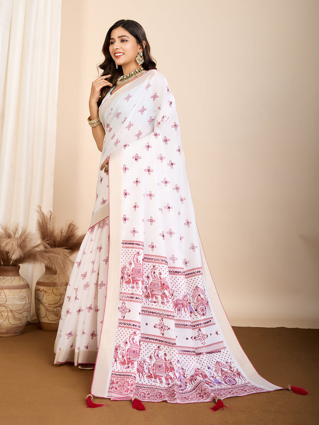 White Soft Cotton Saree With Printed Work