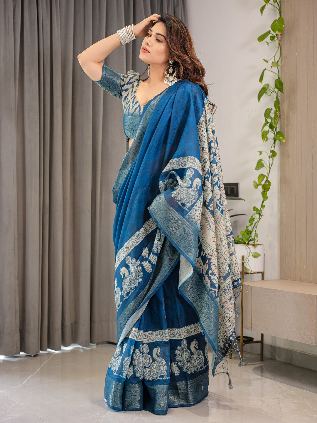 Royal Blue Kalamkari Digital Printed Linen Cotton Saree