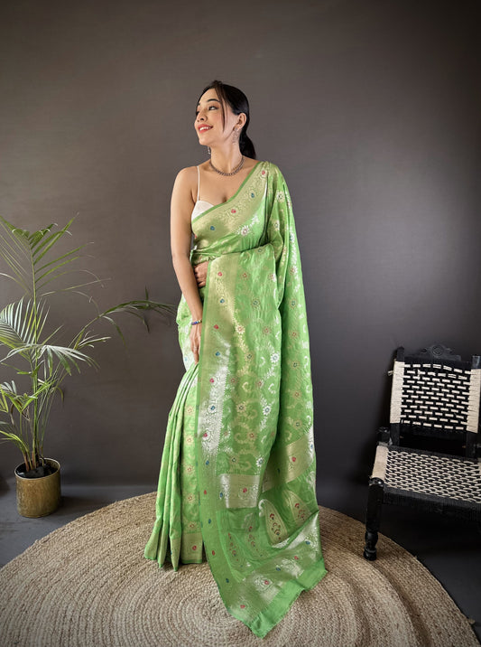 Parrot Green Soft Katan Banarasi Silk Saree With Meenakari Zari Weaving Work