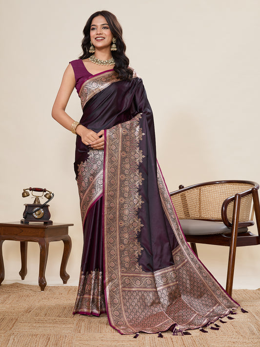 Maroon Soft Satin Silk Saree With Gala Border And Zari Weaving Work