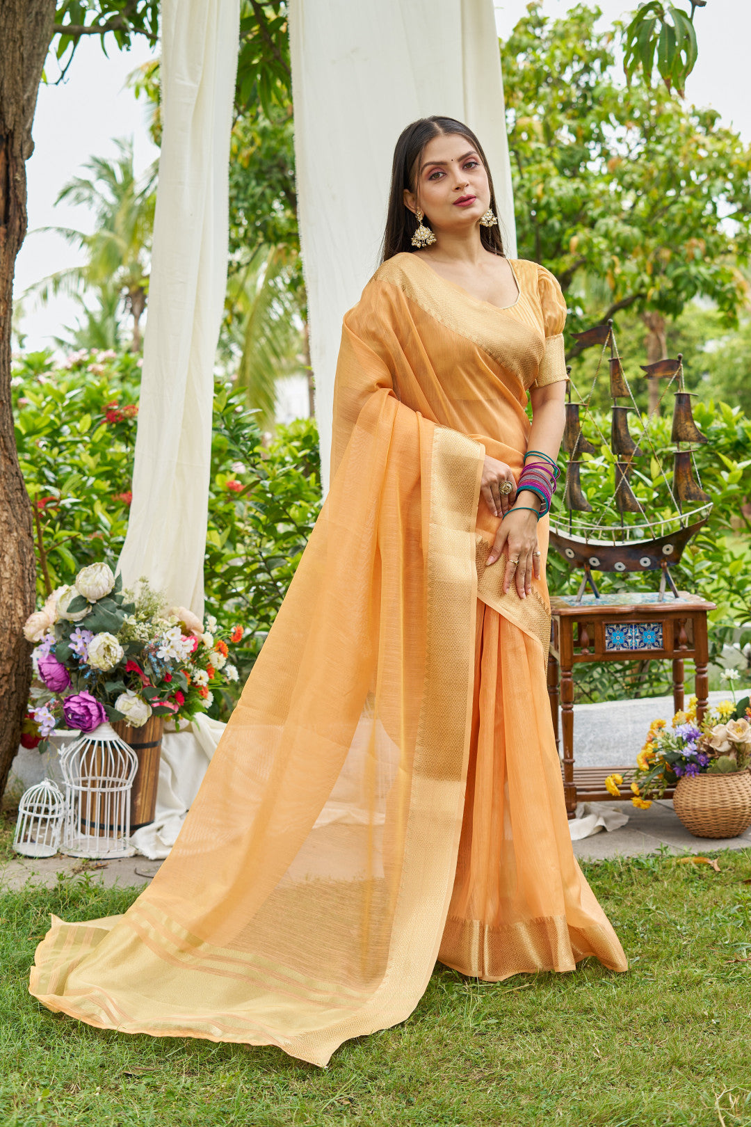 Orange Color Linen Cotton Saree With Zari Weaving Border