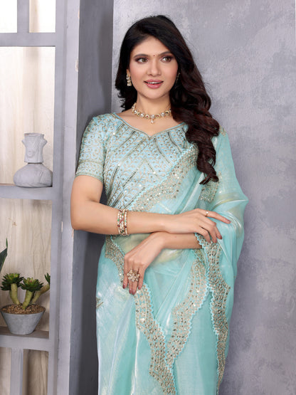 Sky Blue Fancy Shimmer Chiffon Saree With Embroidery Work