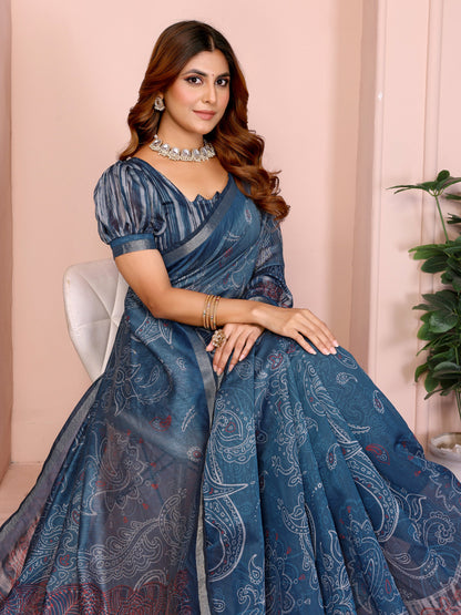 Blue Colour Chanderi Cotton Saree With Digital Printed Work