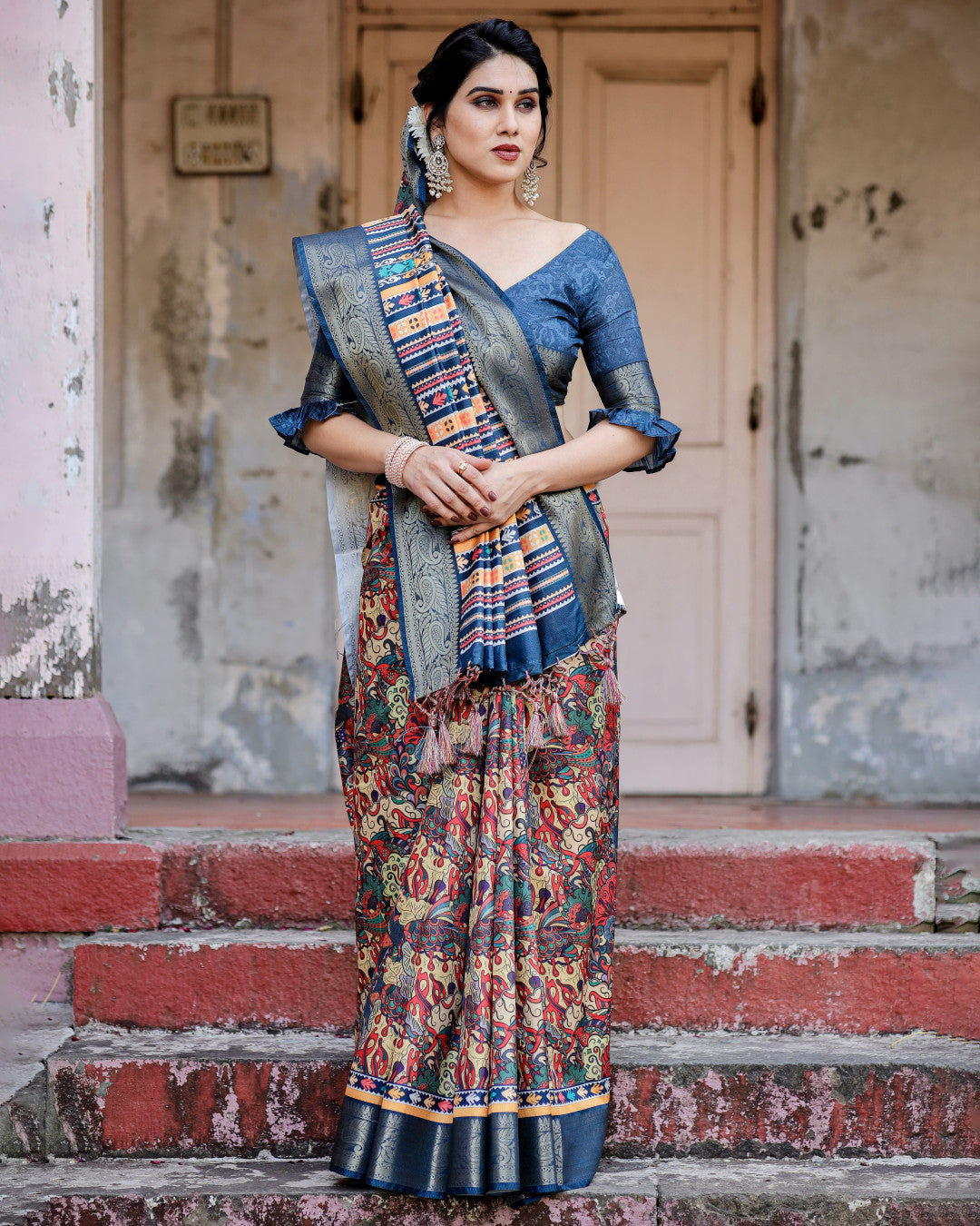 Multi Digital Kalamkari Printed Tussar Silk Saree With Zari Motif Border