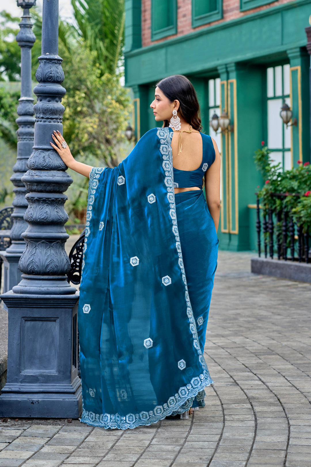 Firoji Fancy Shimmer Chiffon Saree With Embroidery Work