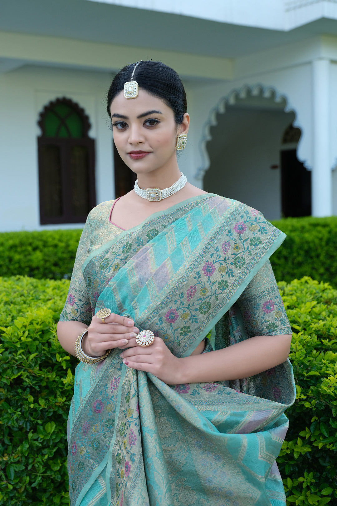 Firoji Color Soft Organza Silk Saree With Zari Weaving Work