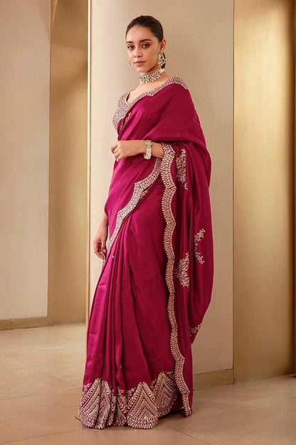 Rani Pink Vichitra Silk Saree With Fancy Thread Work With Sequins Work With Coding