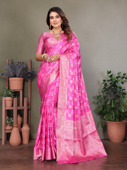 Baby Pink Premium Bandhej Silk Saree With Zari Weaving Work