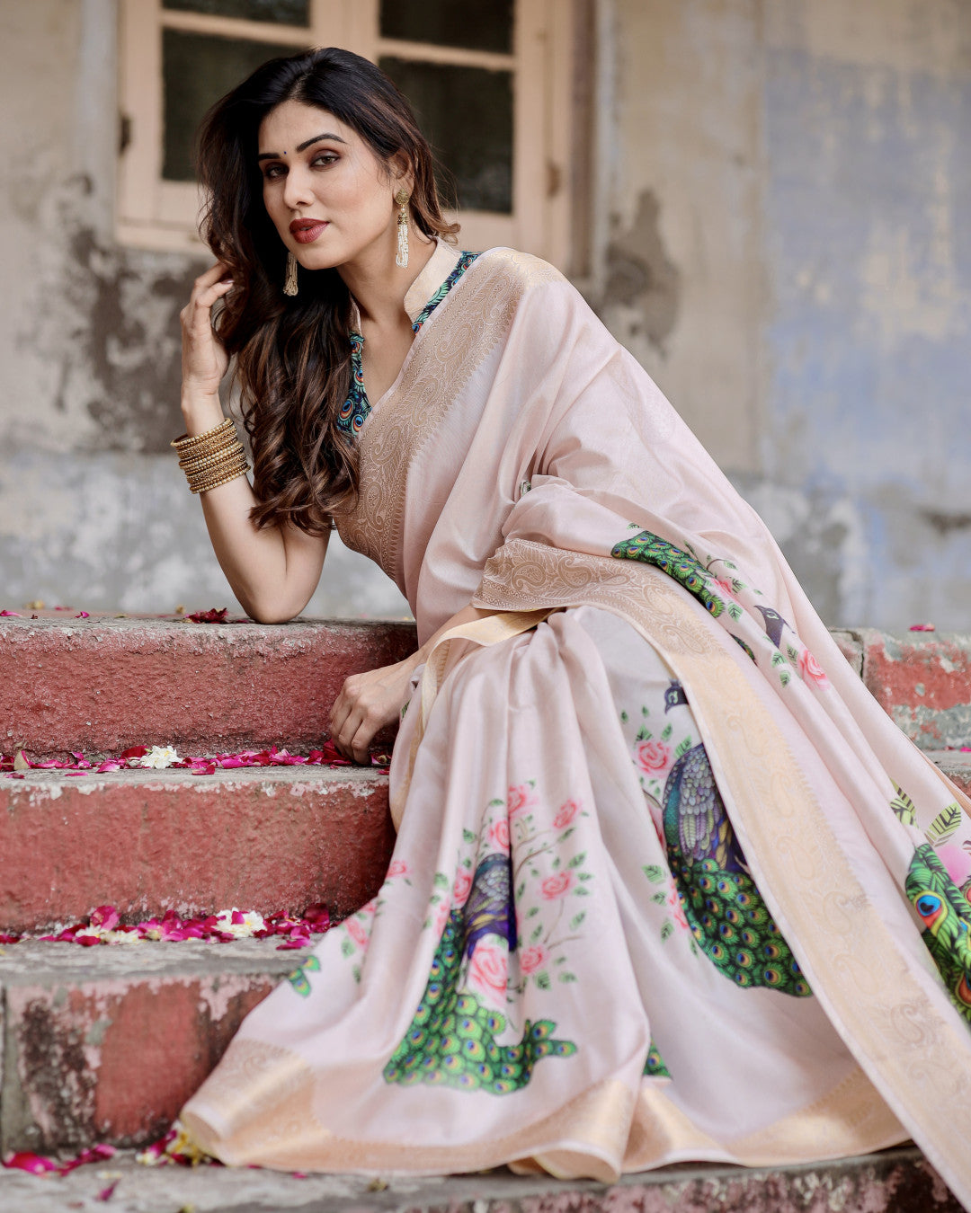 Pastel Pink Peacock Kalamkari Printed Tussar Silk Saree With Zari Motif Border