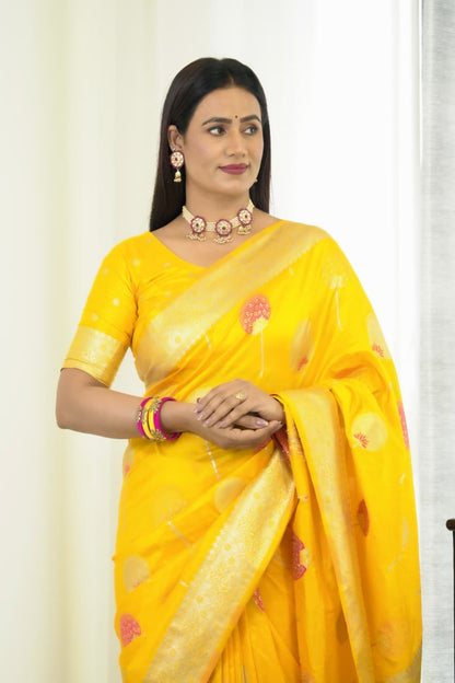 Yellow Khaddi Georgette Banarasi Saree With Meenakari Weaving Work