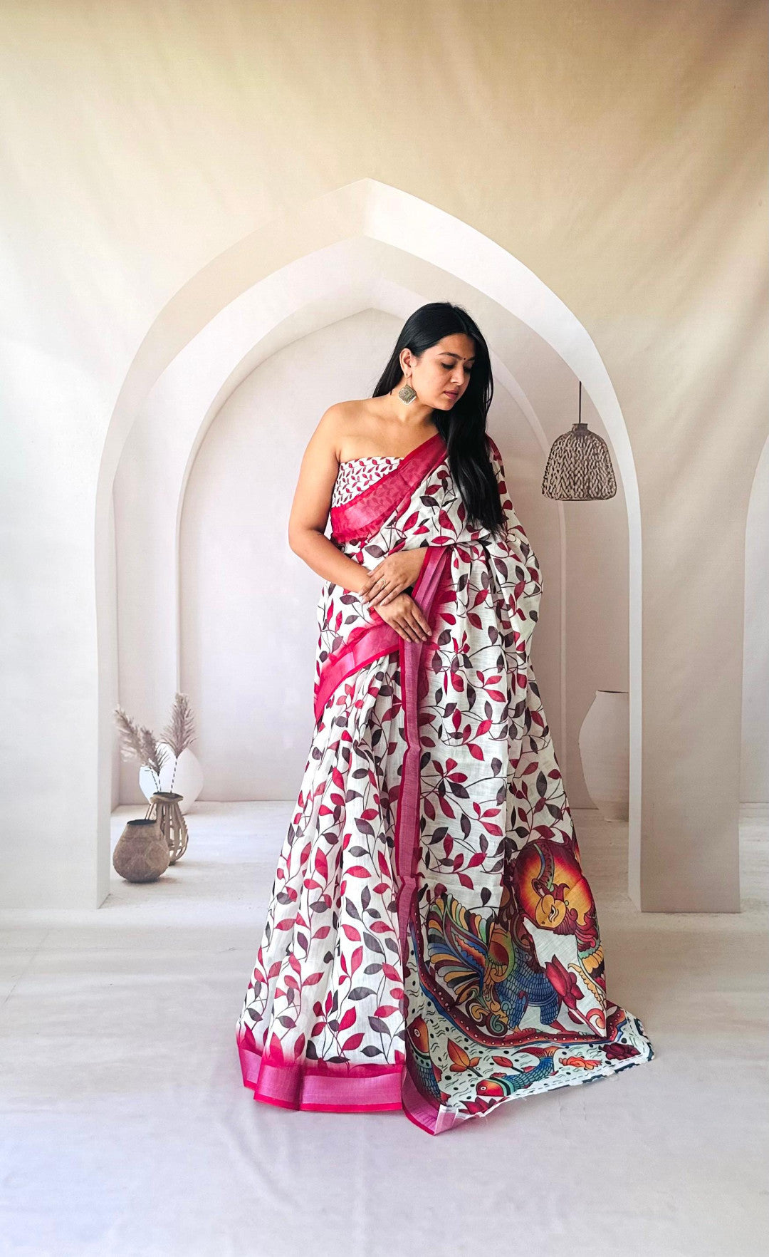 Multi Digital Printed Flowy Linen Cotton Saree With Kalamkari Printed Pallu