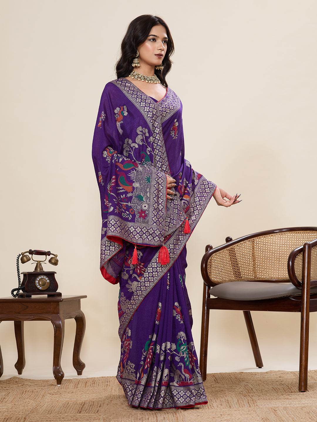 Purple Cotton Saree With Table Printed And Foil Work With Pipeing Border