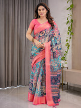 Kalamkari Digital Printed Linen Cotton Saree