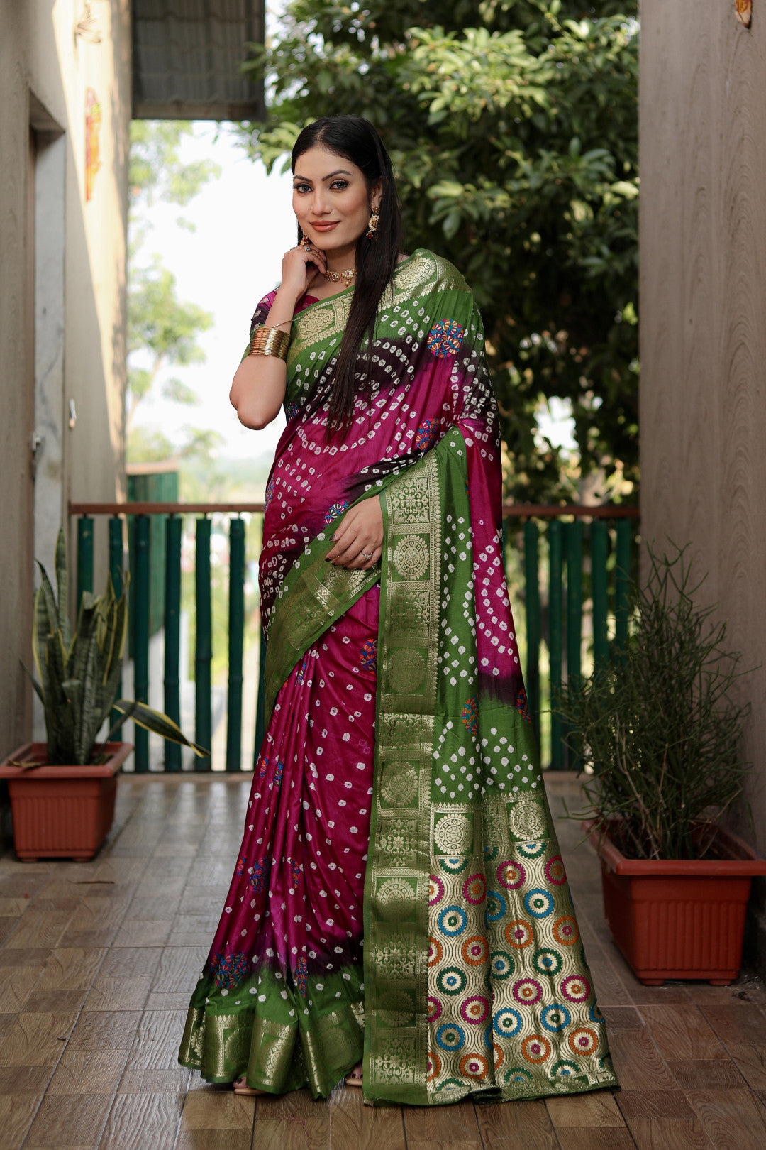 Multi Color Soft Bandhej Silk Saree With Zari Weaving Work