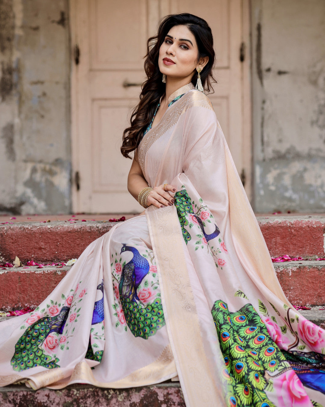 Pastel Pink Peacock Kalamkari Printed Tussar Silk Saree With Zari Motif Border
