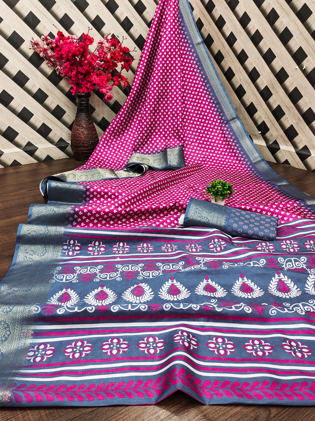Pink And Gray Digital Printed Soft Dola Silk Saree