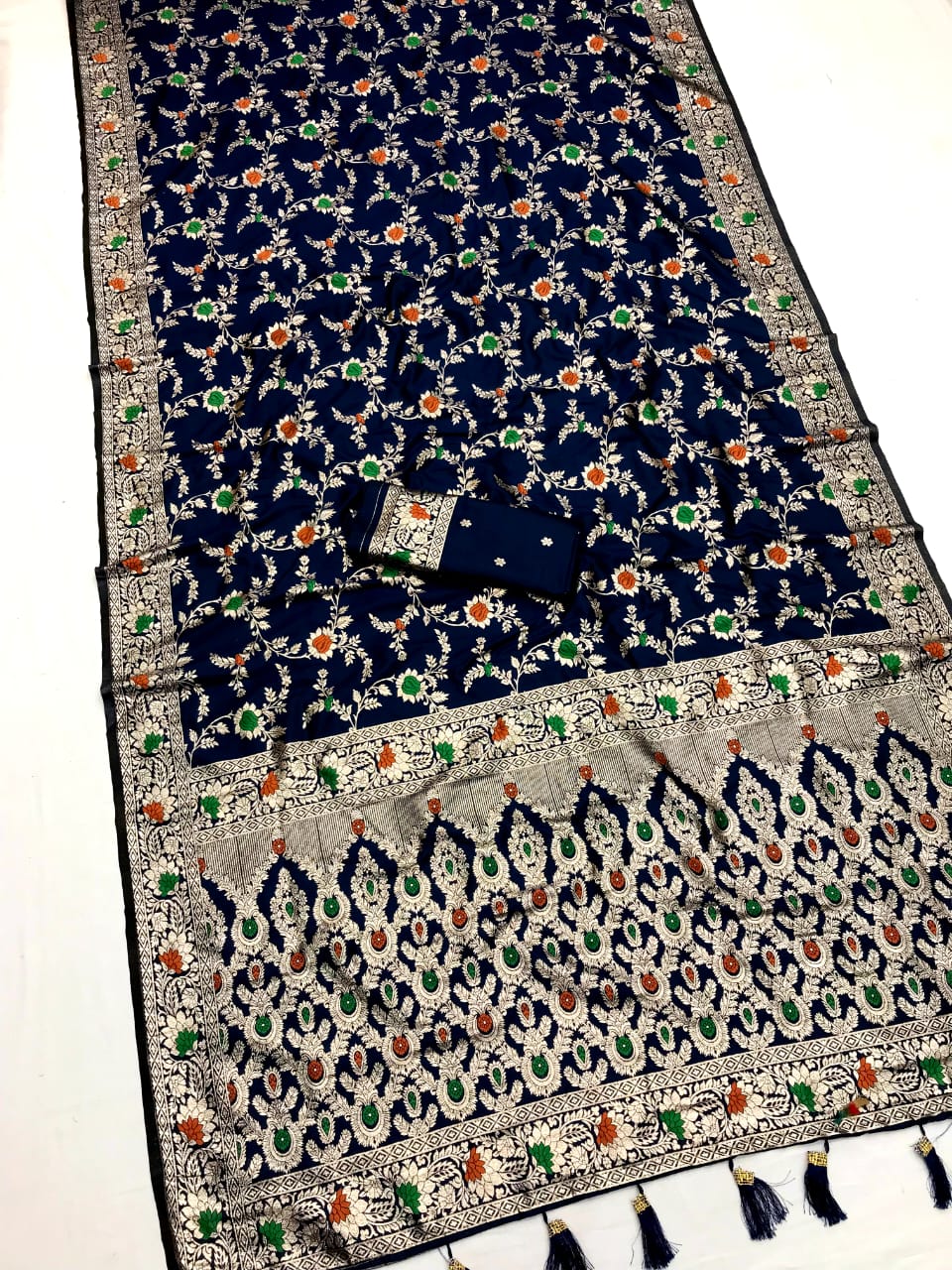 Navy Blue Banarasi Silk Saree With Meenakari Zari Weaving Work