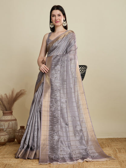 Gray Soft Cotton Saree With Digital Printed Pallu & Zari Border