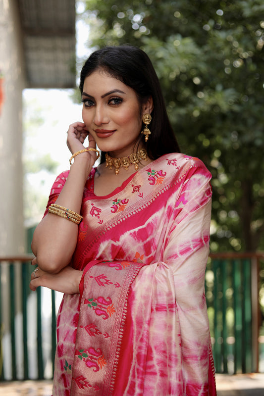 Pink Color Dola Silk Saree With Shibori Print & Zari Weaving Work