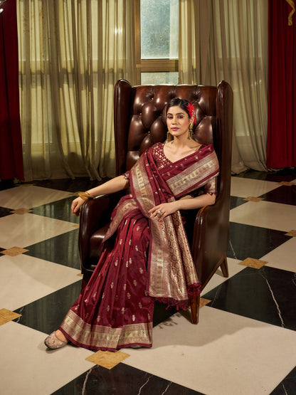 Maroon Banarasi Silk Blend Zari Woven Work