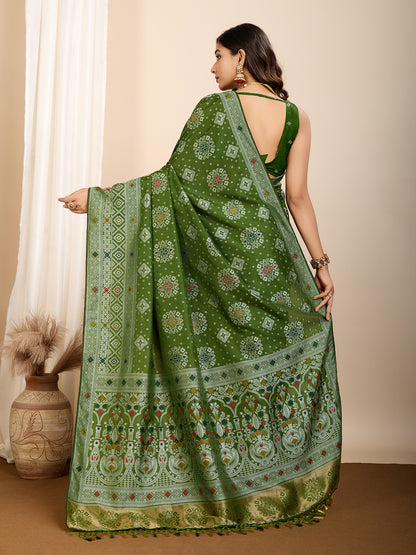 Mahendi Green Traditional Muslin Dola Silk Saree With Meenakari Zari Weaving Work