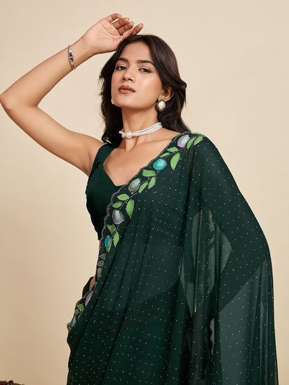 Green Color Georgette Saree With Brush Print And Siroski Work