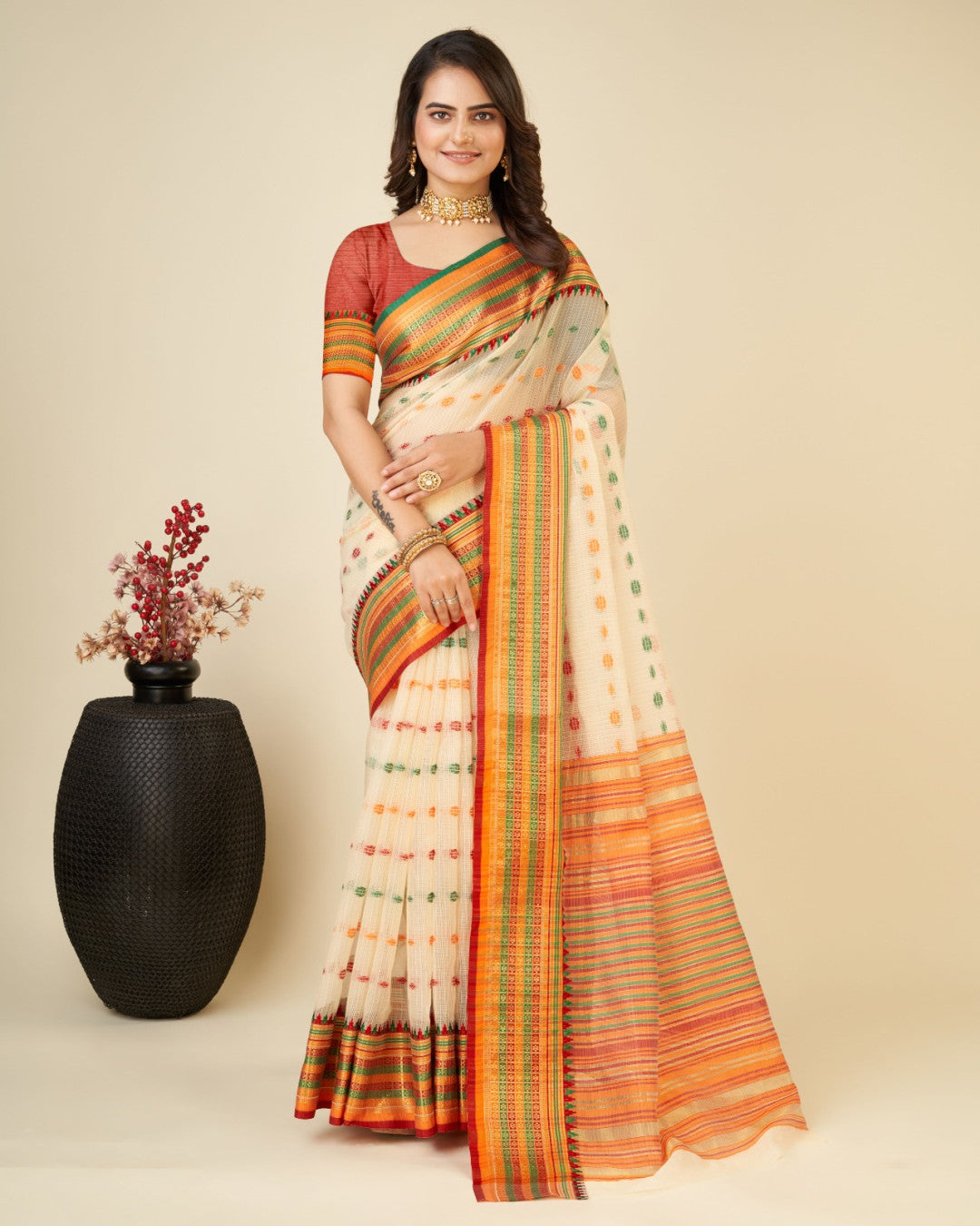 Off White Color Kota Doriya Saree With Zari Weaving Work