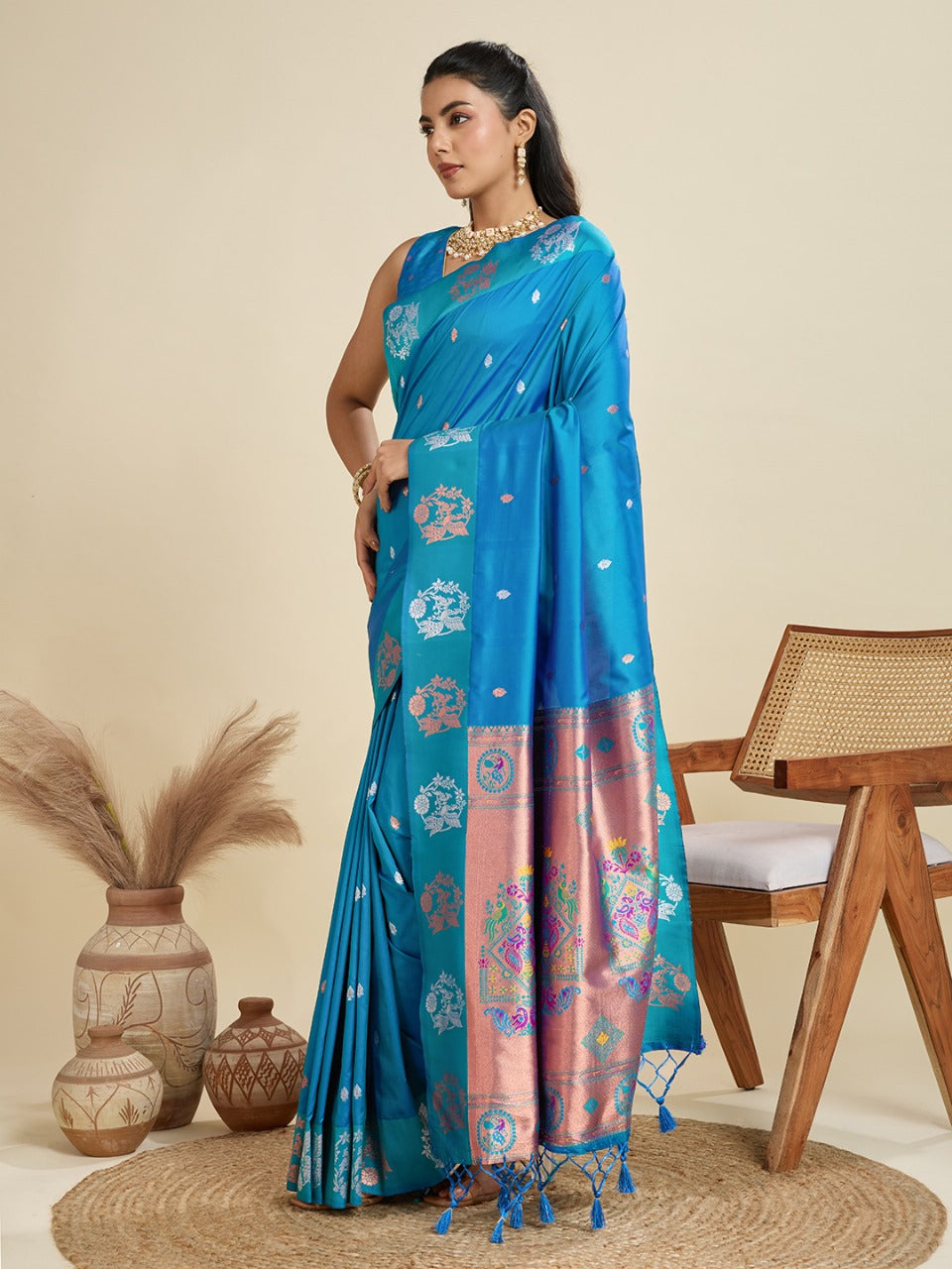 Firoji Kanjivaram Silk Saree With Zari Weaving Butta Border & Designer Rich Paithani Pallu