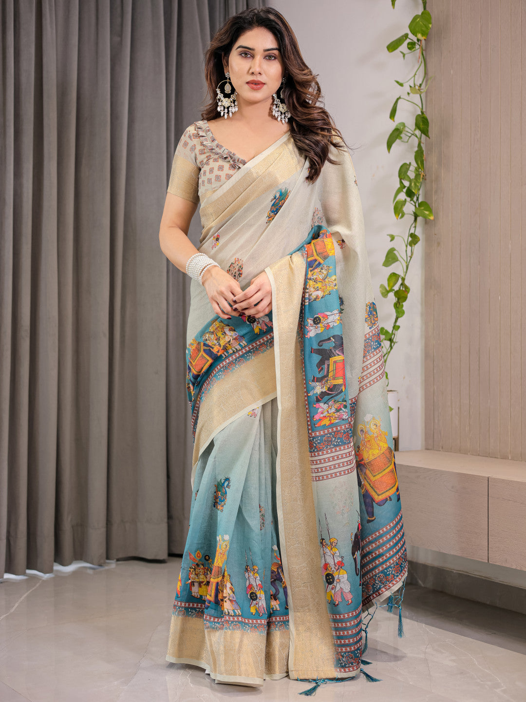 Kalamkari Digital Printed Linen Cotton Saree