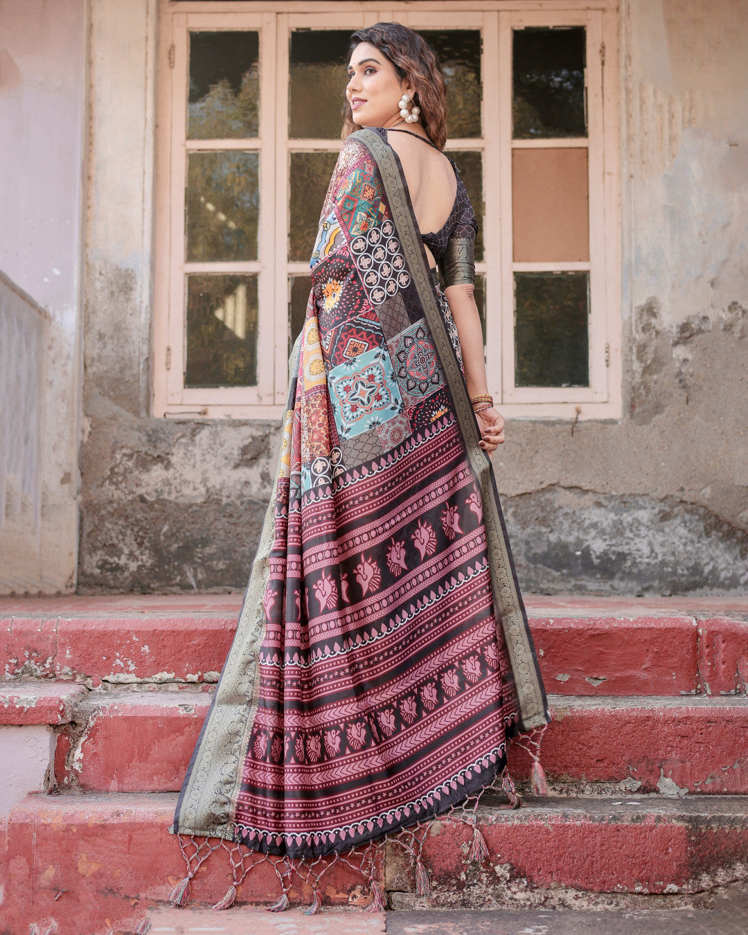 Multi Digital Kalamkari Printed Tussar Silk Saree With Zari Motif Border