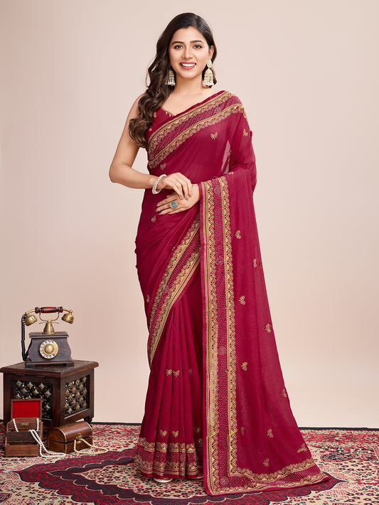 Fancy Rani Pink Soft Vichitra Silk Saree With Embroidery Work