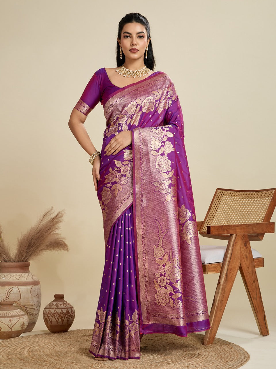 Purple Kanjivaram Silk Saree With Zari Weaving Border & Designer Rich Pallu