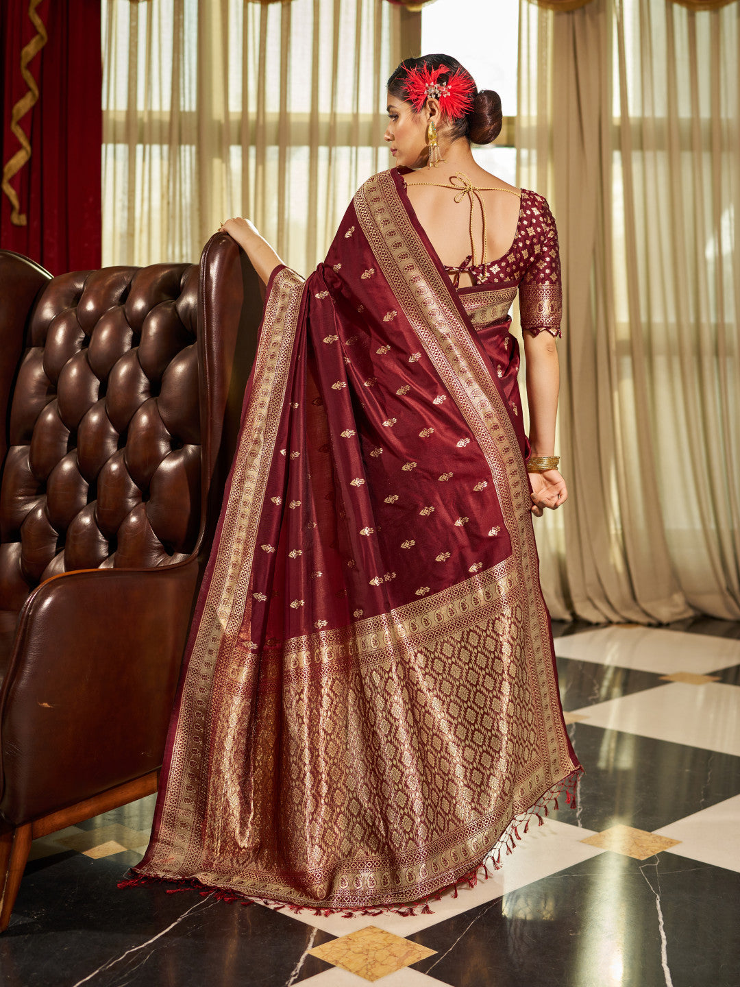 Maroon Banarasi Silk Blend Zari Woven Work