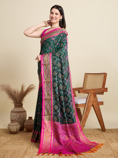 Dark Green Traditional Patola Silk Saree With Weaving Work