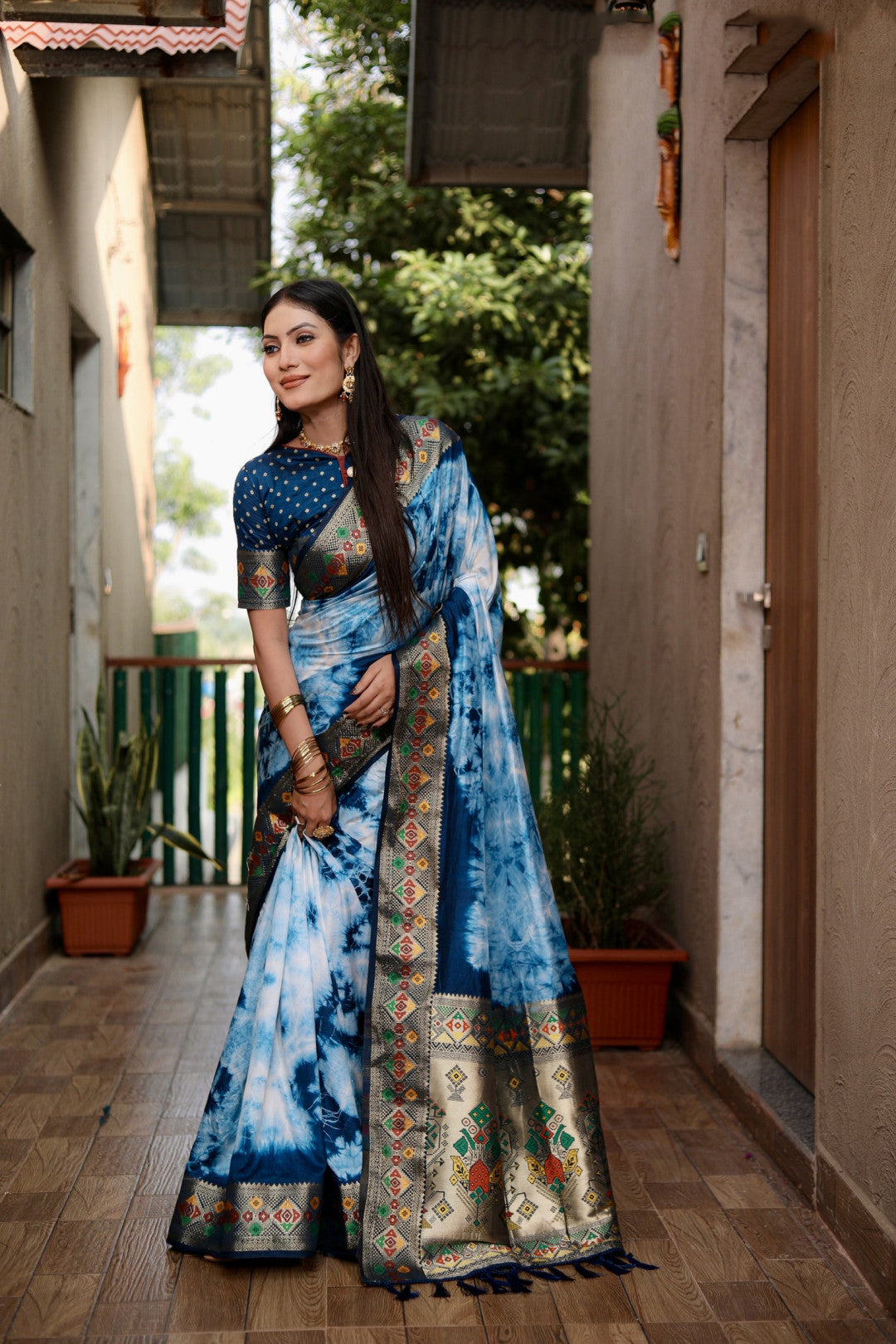 Firoji Color Dola Silk Saree With Shibori Printed Work