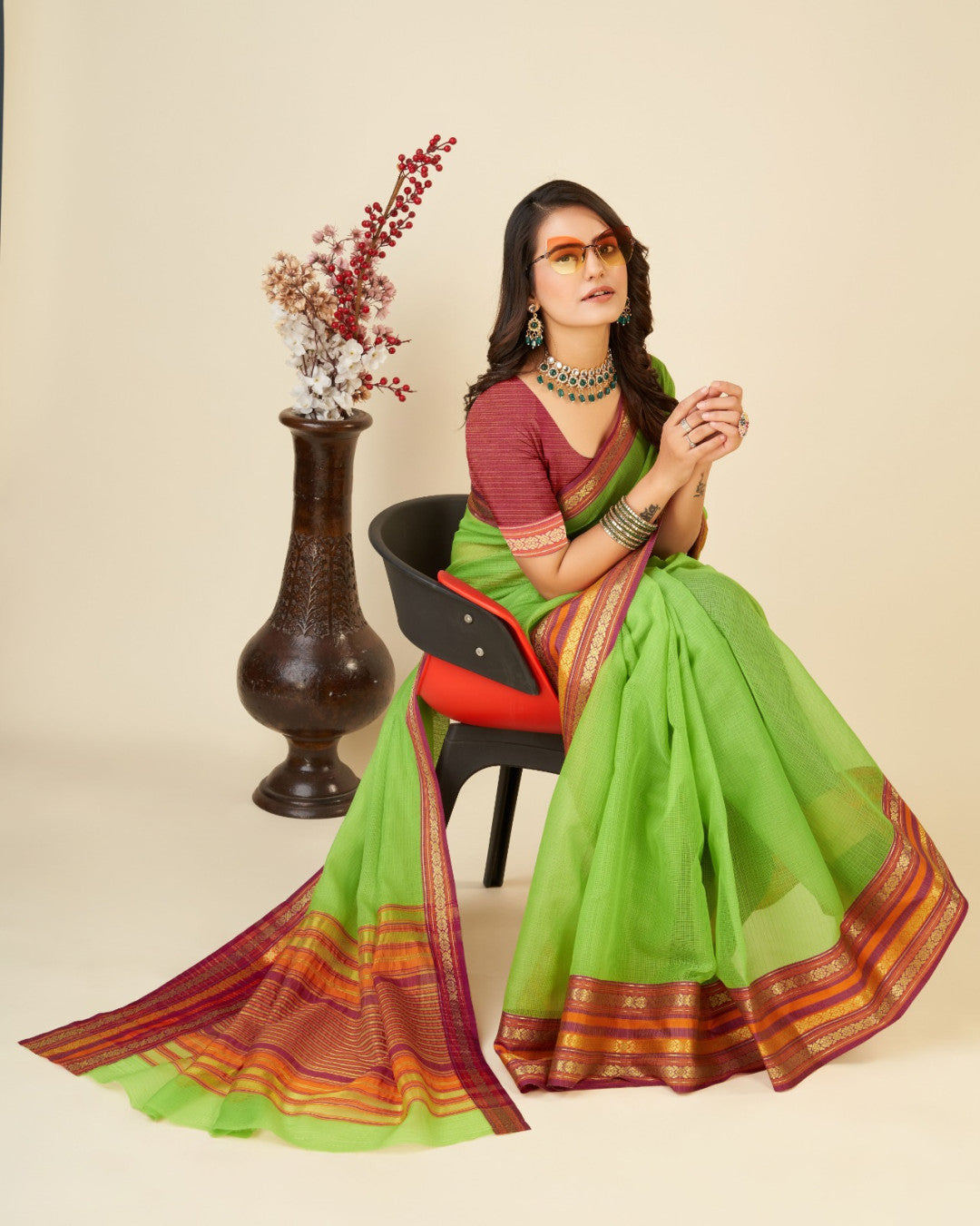 Parrot Green Color Doriya Cotton Saree With Woven Design